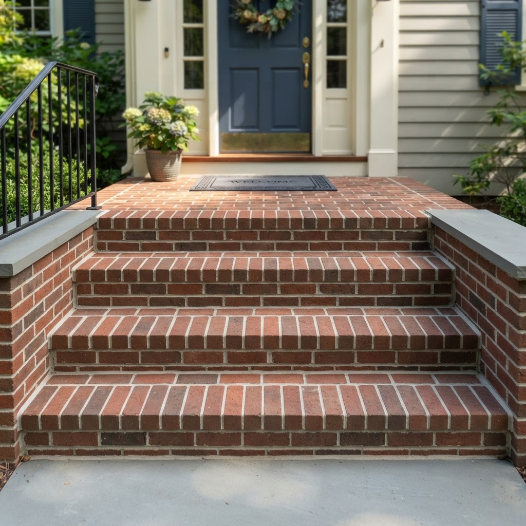 Brick entry steps after restoration with fresh mortar joints and level courses in Minnetonka, Minnesota.
