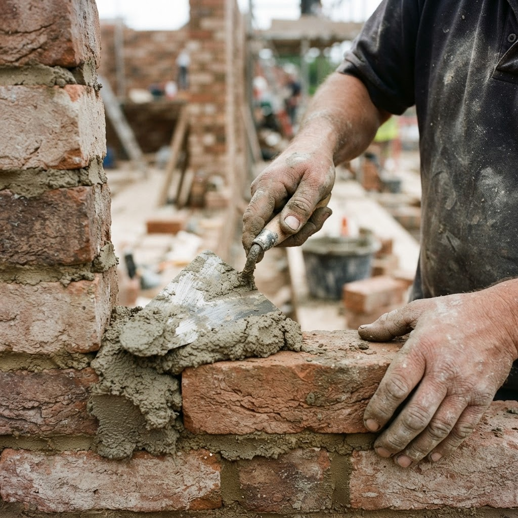 A mason applying mortar to brick with a trowel during a project in progress.