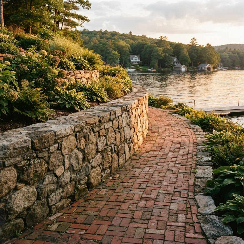 A crafted natural stone wall and brick walkway on a lakeside property near Lake Minnetonka.